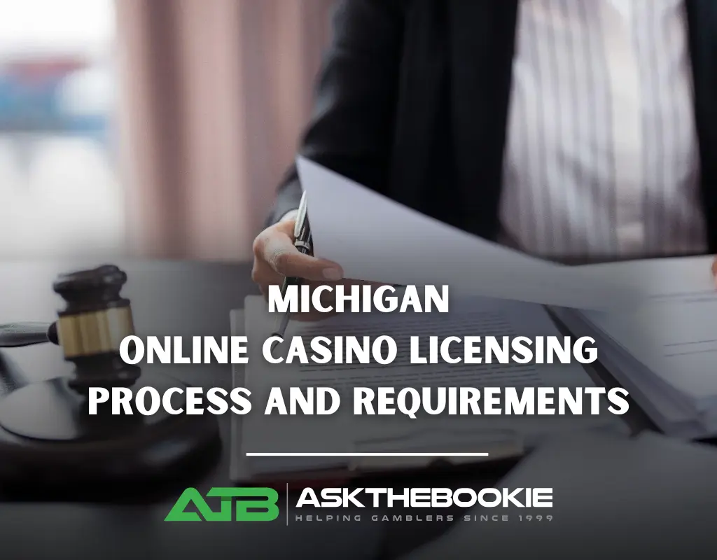 A person reviewing documents on online casino licensing in Michigan, with a gavel and legal elements in the foreground.